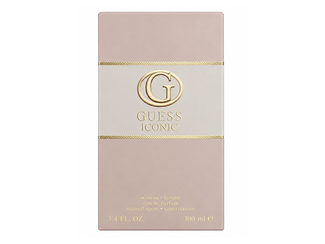 Caja de perfume Guess Iconic para mujer en color beige con detalles dorados y capacidad de 100 ml.