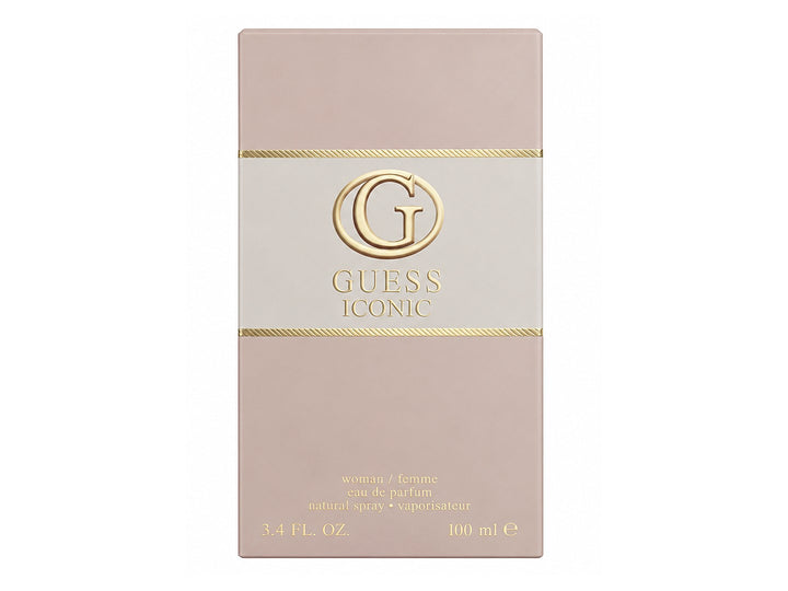 Caja de perfume Guess Iconic para mujer en color beige con detalles dorados y capacidad de 100 ml.