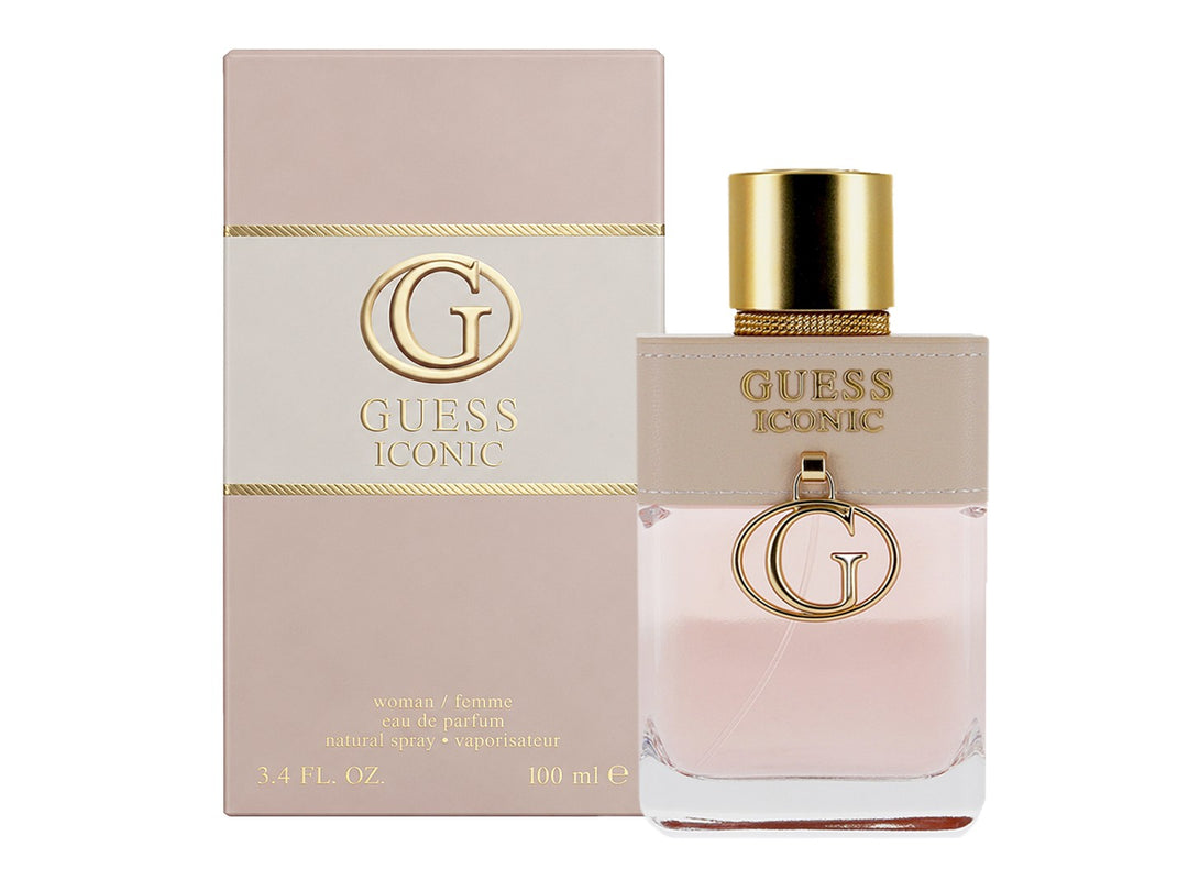Caja de perfume Guess Iconic para mujer en color beige con detalles dorados y capacidad de 100 ml.
