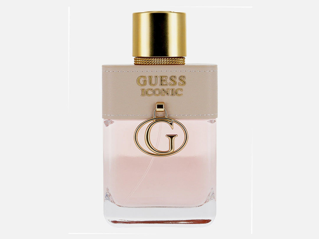 Caja de perfume Guess Iconic para mujer en color beige con detalles dorados y capacidad de 100 ml.