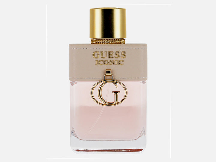 Caja de perfume Guess Iconic para mujer en color beige con detalles dorados y capacidad de 100 ml.