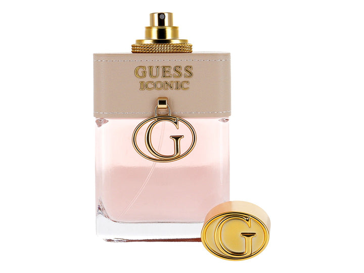 Caja de perfume Guess Iconic para mujer en color beige con detalles dorados y capacidad de 100 ml.
