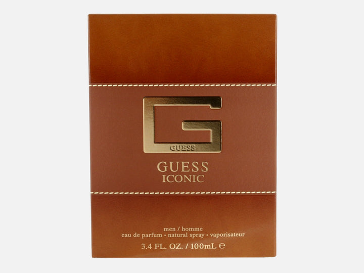 Caja de perfume Guess Iconic para hombre en color marrón con detalles dorados y textura similar al cuero.