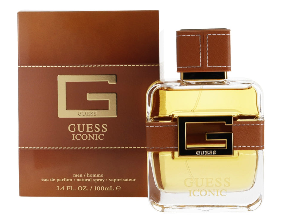 Caja de perfume Guess Iconic para hombre en color marrón con detalles dorados y textura similar al cuero.
