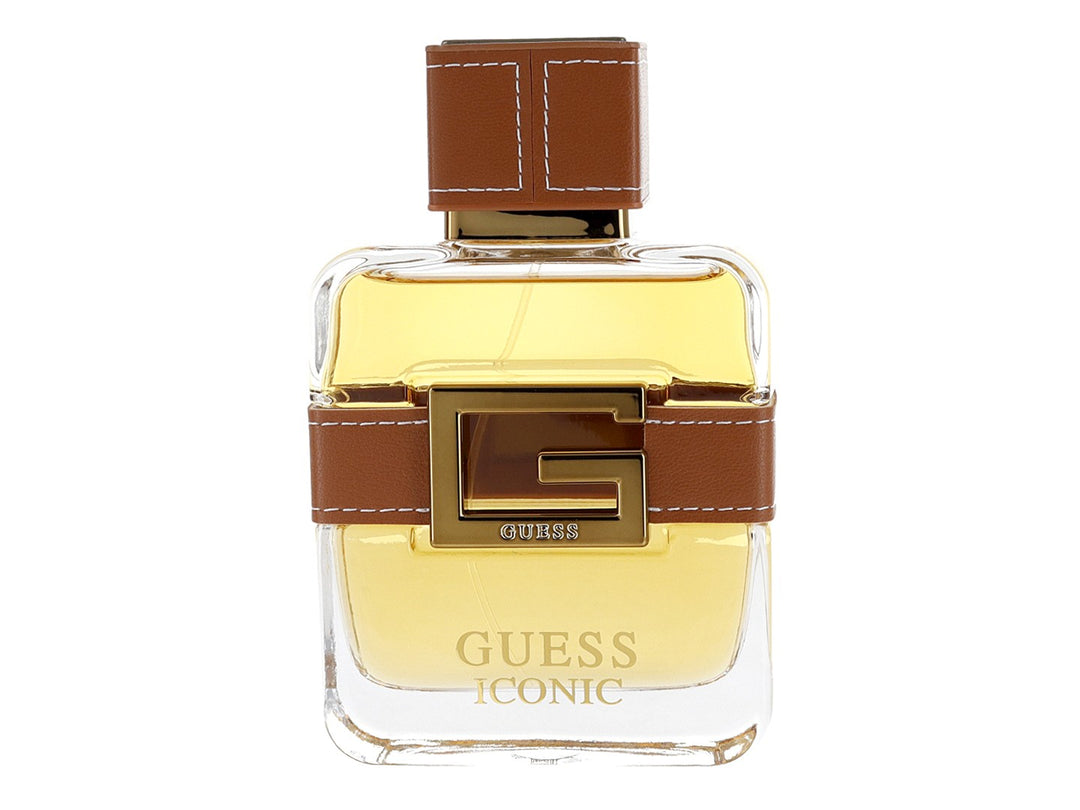 Caja de perfume Guess Iconic para hombre en color marrón con detalles dorados y textura similar al cuero.