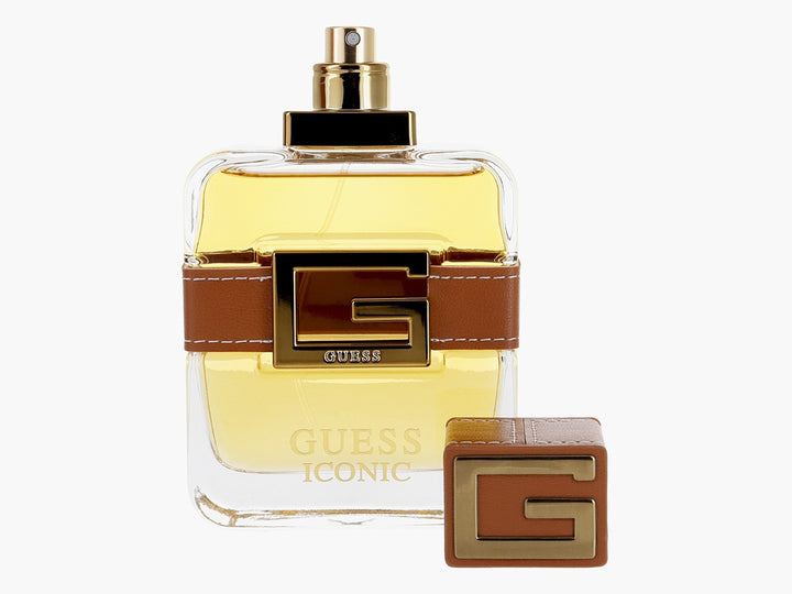 Caja de perfume Guess Iconic para hombre en color marrón con detalles dorados y textura similar al cuero.