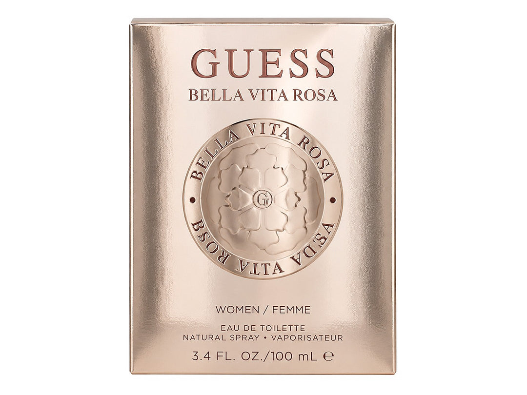 Caja de perfume Guess Bella Vita Rosa de 100ml en color oro rosa brillante con detalles florales en relieve.