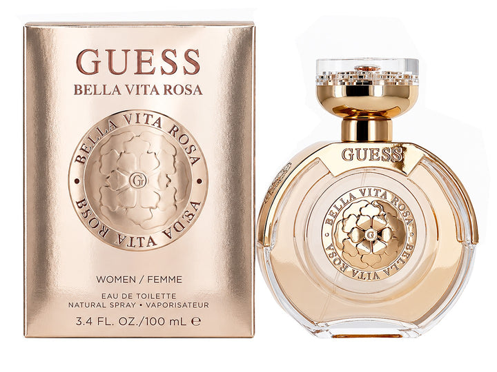 Caja de perfume Guess Bella Vita Rosa de 100ml en color oro rosa brillante con detalles florales en relieve.