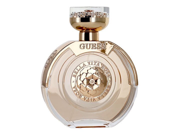 Caja de perfume Guess Bella Vita Rosa de 100ml en color oro rosa brillante con detalles florales en relieve.