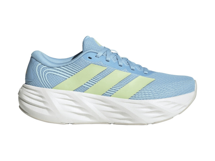 Tenis Adidas Galaxy 8 en color azul con franjas verde lima y suela blanca gruesa