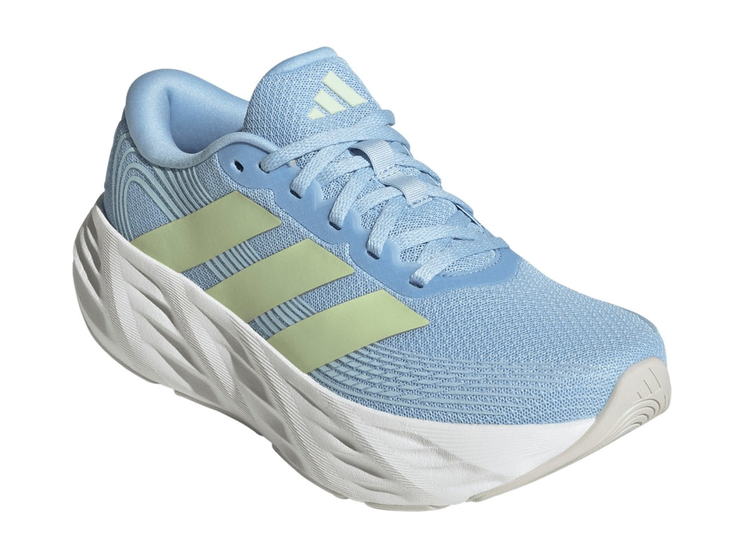 Tenis Adidas Galaxy 8 en color azul con franjas verde lima y suela blanca gruesa