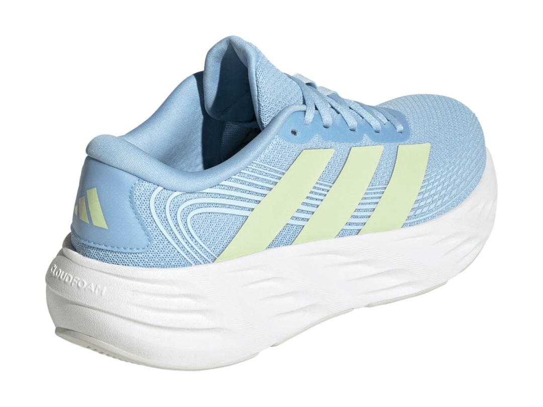 Tenis Adidas Galaxy 8 en color azul con franjas verde lima y suela blanca gruesa
