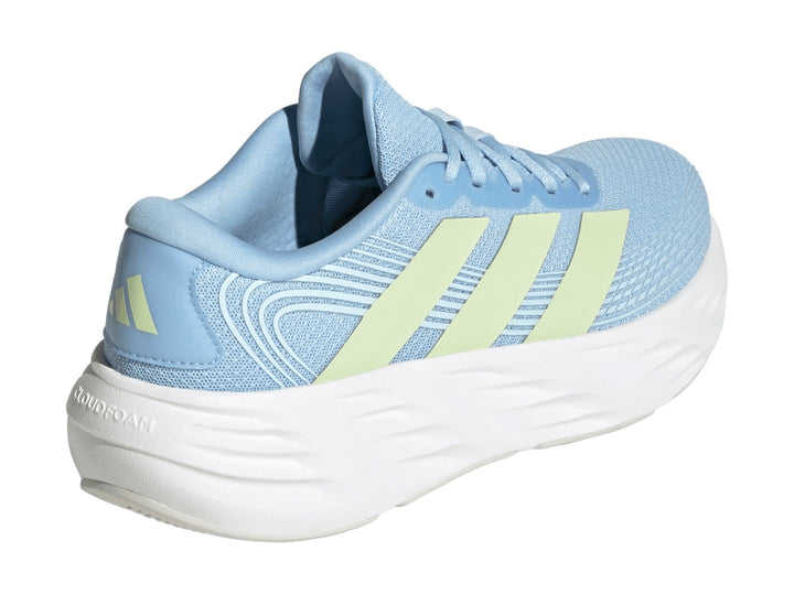 Tenis Adidas Galaxy 8 en color azul con franjas verde lima y suela blanca gruesa