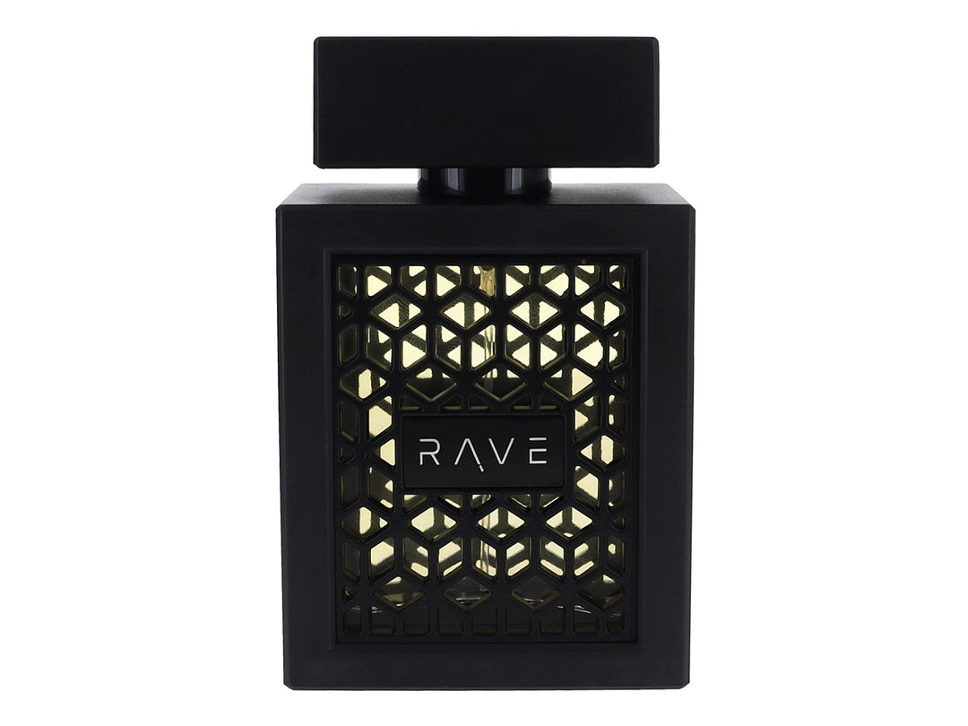 Caja negra de perfume Lattafa Rave Now con diseño geométrico en relieve y letras blancas.