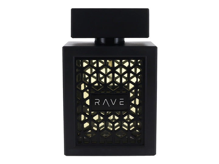 Caja negra de perfume Lattafa Rave Now con diseño geométrico en relieve y letras blancas.