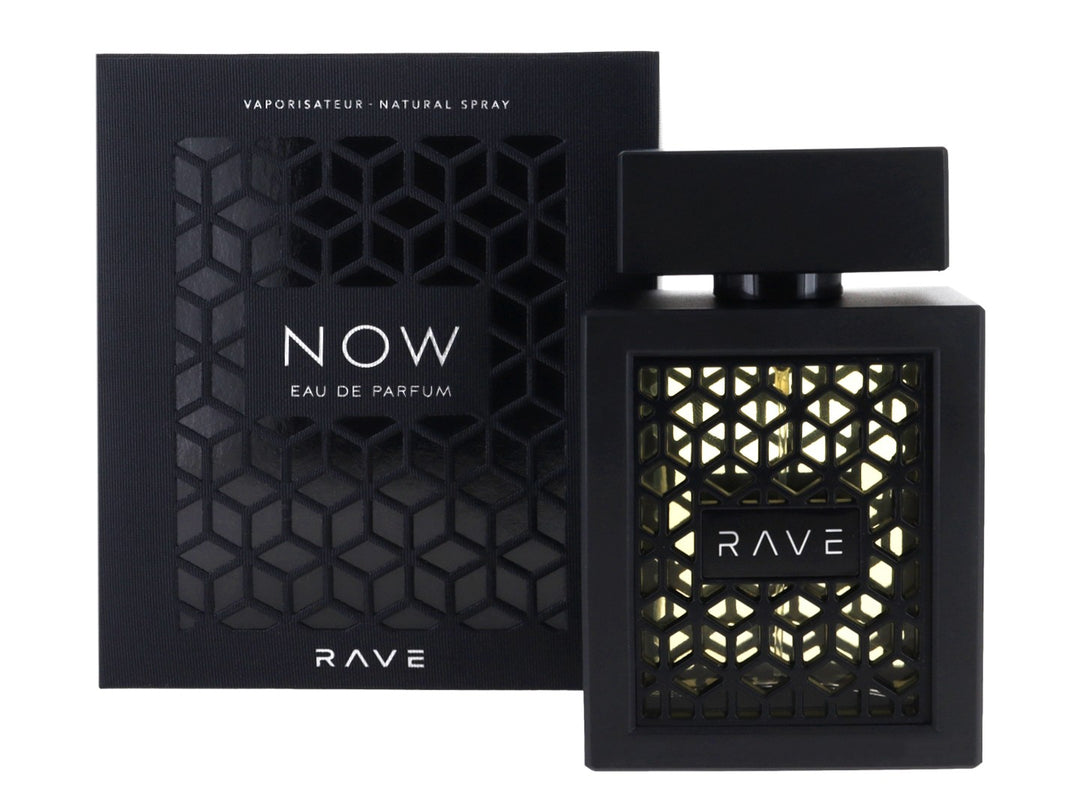 Caja negra de perfume Lattafa Rave Now con diseño geométrico en relieve y letras blancas.