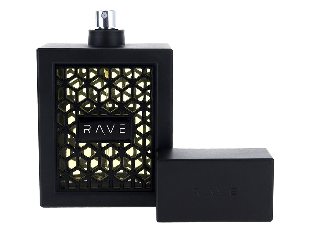 Caja negra de perfume Lattafa Rave Now con diseño geométrico en relieve y letras blancas.