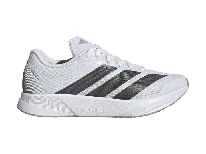 Tenis Adidas Duramo RC2 en color blanco con tres franjas grises laterales y suela blanca Lightmotion.