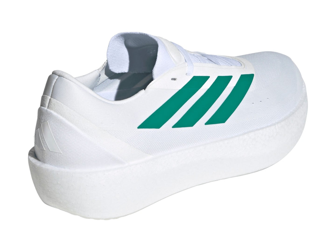 Tenis Adidas Zenboost en color blanco con tres franjas verdes laterales y suela blanca gruesa.