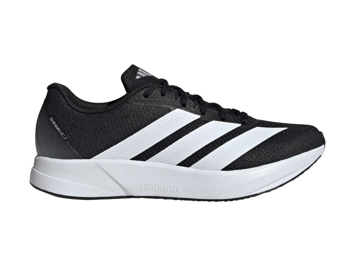 Tenis Adidas Duramo RC2 en color negro con tres franjas blancas laterales y suela blanca Lightmotion.