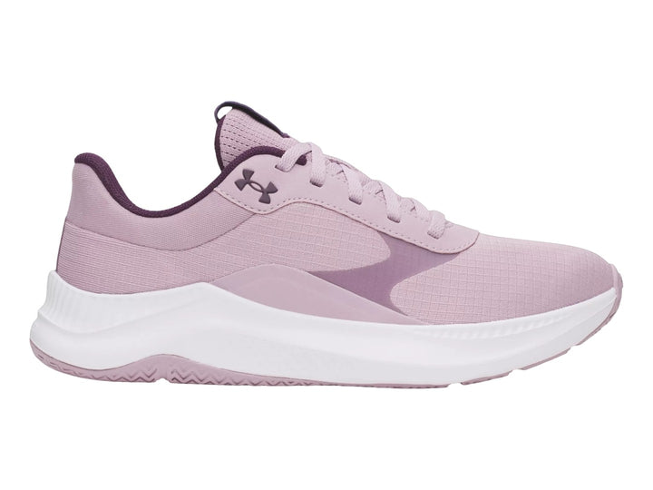 Tenis Under Armour Aurora 3 en color rosa malva con suela blanca y detalles en morado