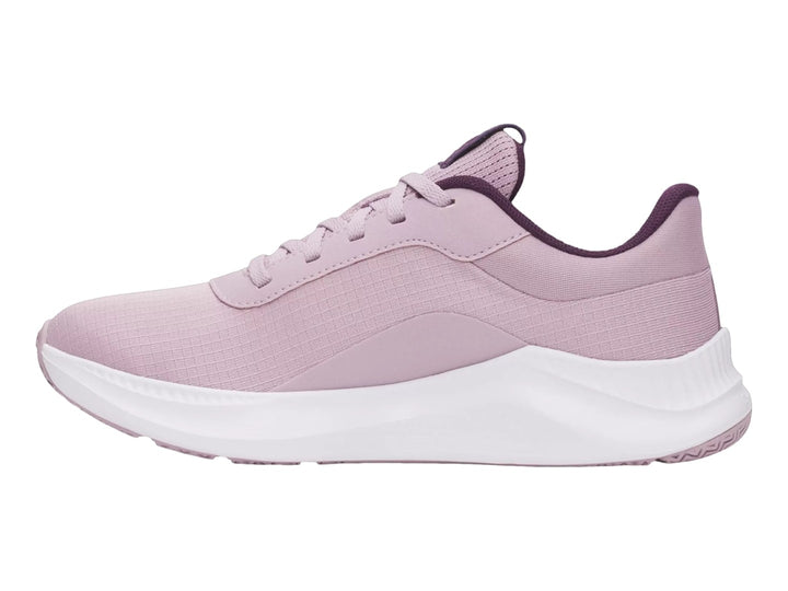 Tenis Under Armour Aurora 3 en color rosa malva con suela blanca y detalles en morado