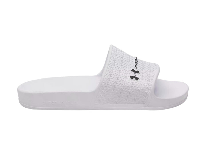 Sandalia Under Armour blanca para mujer con banda superior texturizada y logotipo negro