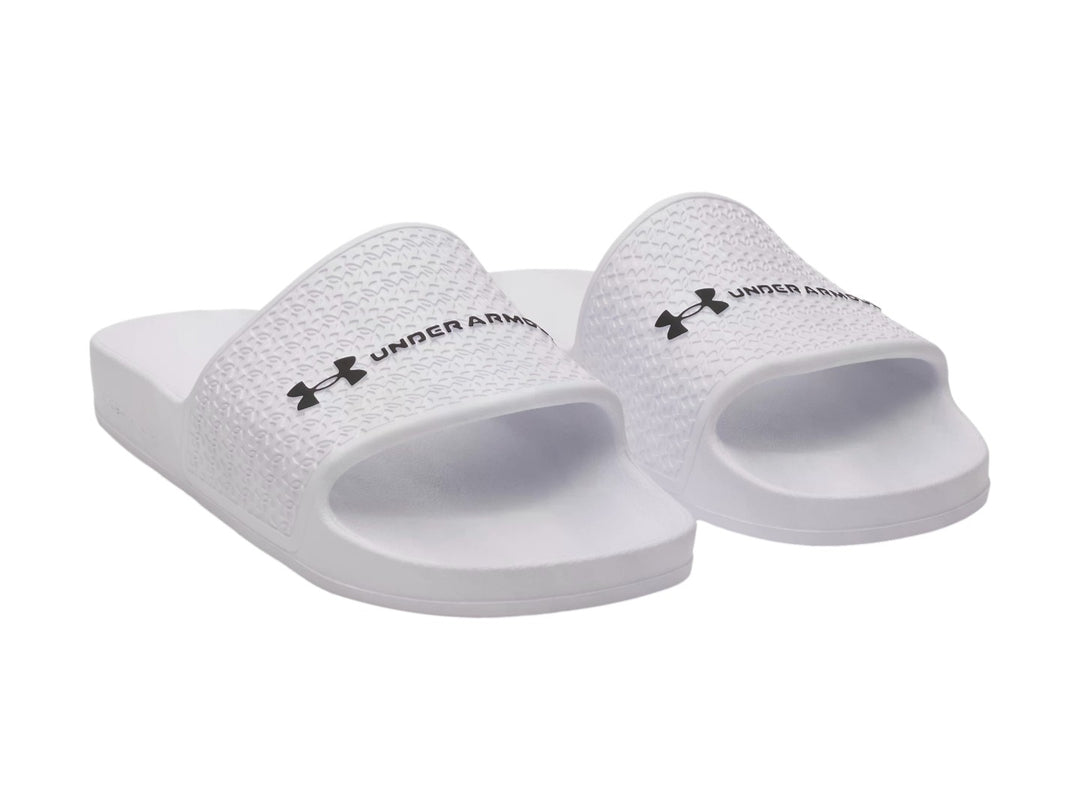 Sandalia Under Armour blanca para mujer con banda superior texturizada y logotipo negro