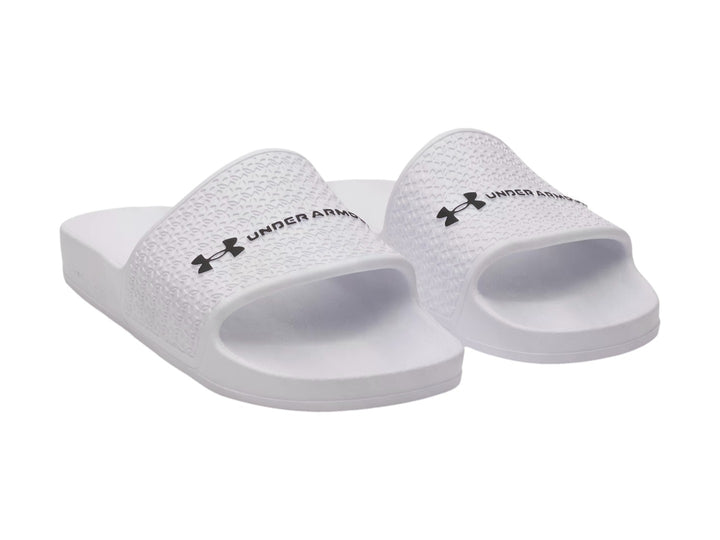 Sandalia Under Armour blanca para mujer con banda superior texturizada y logotipo negro