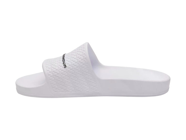 Sandalia Under Armour blanca para mujer con banda superior texturizada y logotipo negro