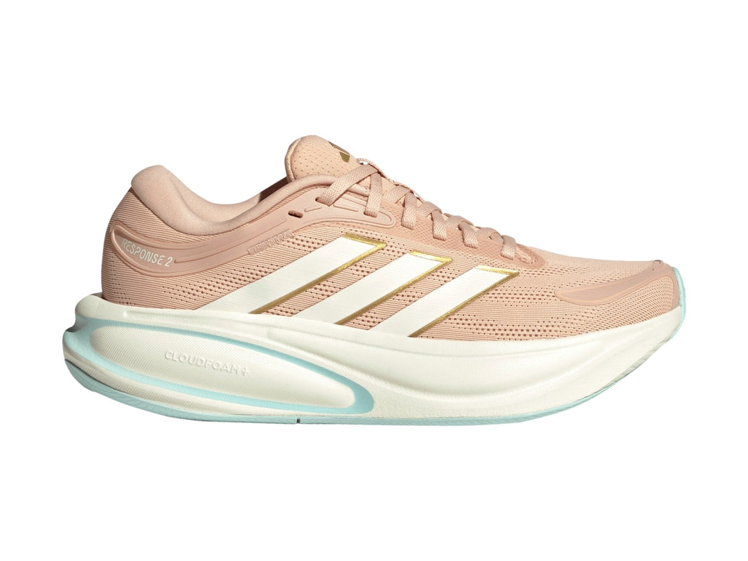 Tenis Adidas Response 2 en color rubor con franjas blancas y suela blanca con detalles en menta.