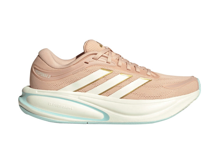 Tenis Adidas Response 2 en color rubor con franjas blancas y suela blanca con detalles en menta.