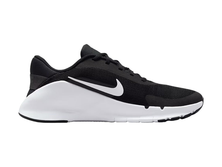 Tenis Nike Flex Train en color negro con suela blanca y logotipo Nike en contraste blanco.