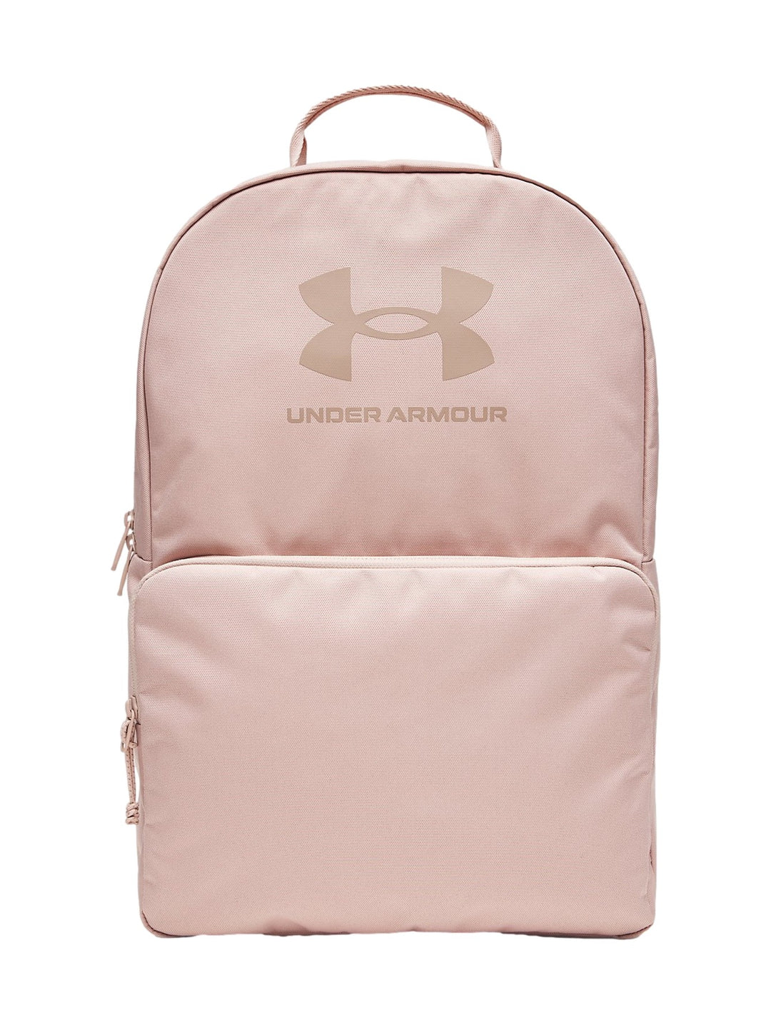 Mochila Under Armour Essential en color rosa con logotipo frontal y bolsillo delantero.