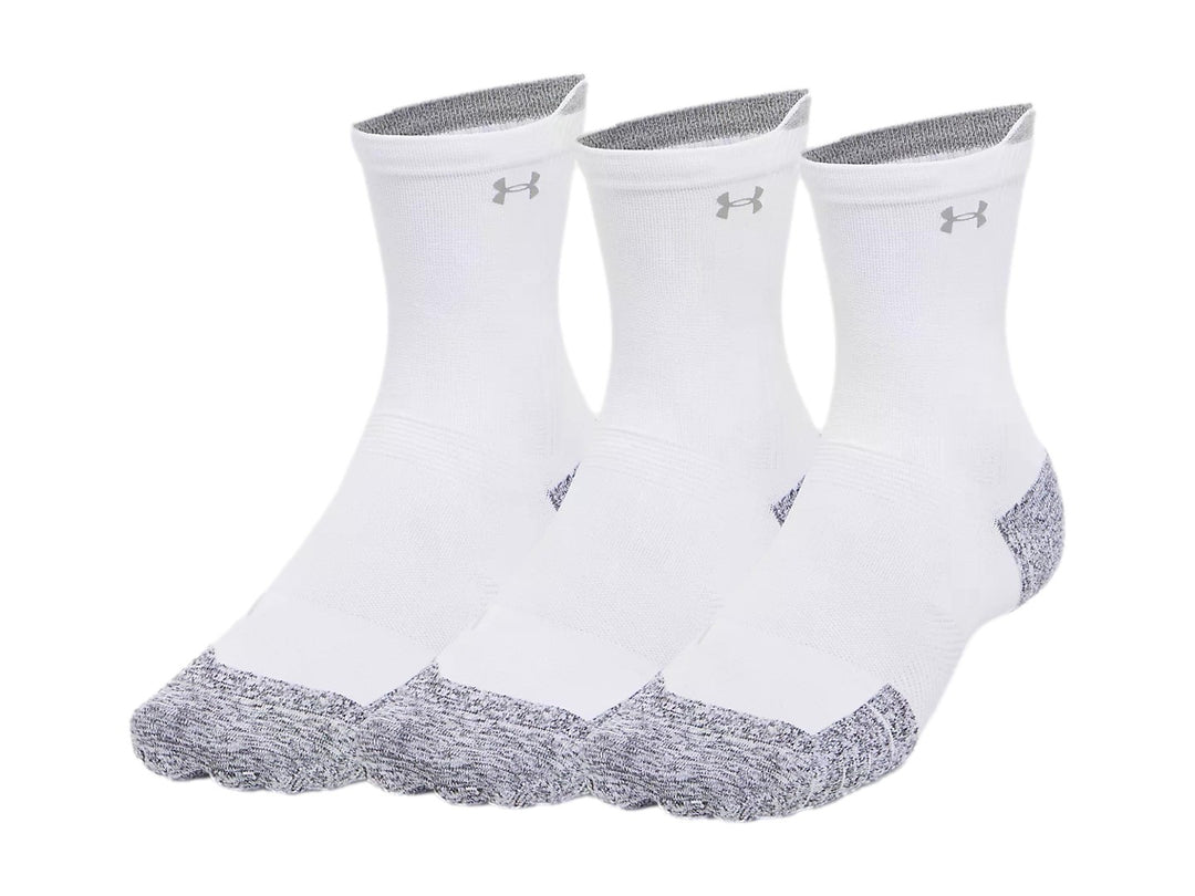 Paquete de tres calcetas Under Armour Velociti Run Cush color blanco con detalles en gris en puntera y talón.