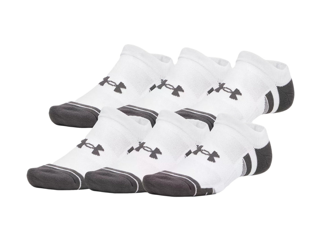 Paquete de 6 pares de calcetines deportivos Under Armour en color blanco con detalles en gris.