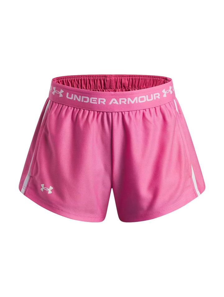 Short deportivo Under Armour color rosa con cinturilla elástica blanca y detalles laterales blancos.