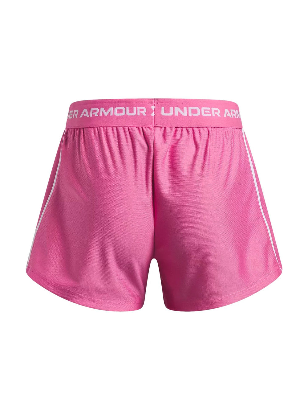 Short deportivo Under Armour color rosa con cinturilla elástica blanca y detalles laterales blancos.