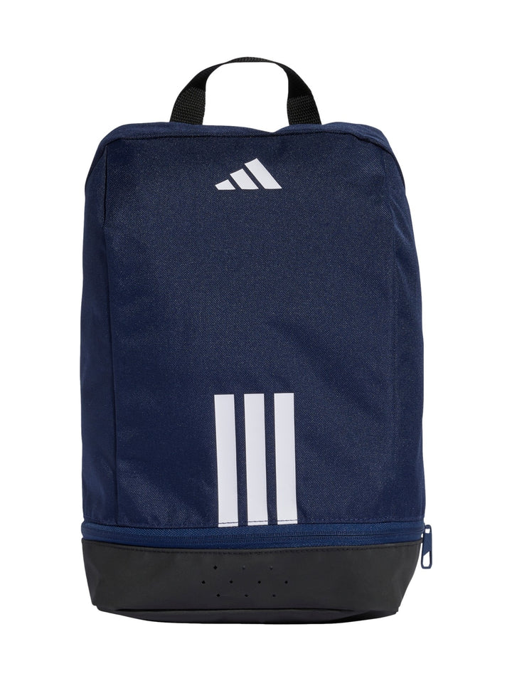 Bolso Adidas Tiro Shoebag en color azul marino con base negra y detalles en blanco.