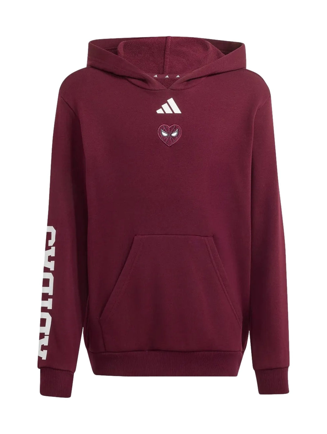 Sudadera Adidas color marrón con capucha, bolsillo frontal y detalles de Spider-Man en el pecho.