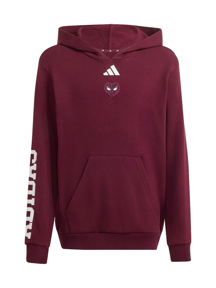 Sudadera Adidas color marrón con capucha, bolsillo frontal y detalles de Spider-Man en el pecho.