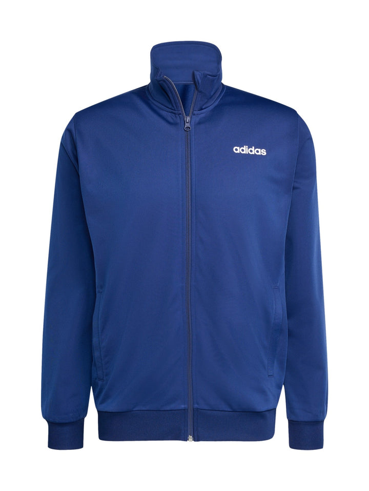 Conjunto deportivo Adidas azul compuesto por chaqueta con cierre y pantalón largo para hombre.