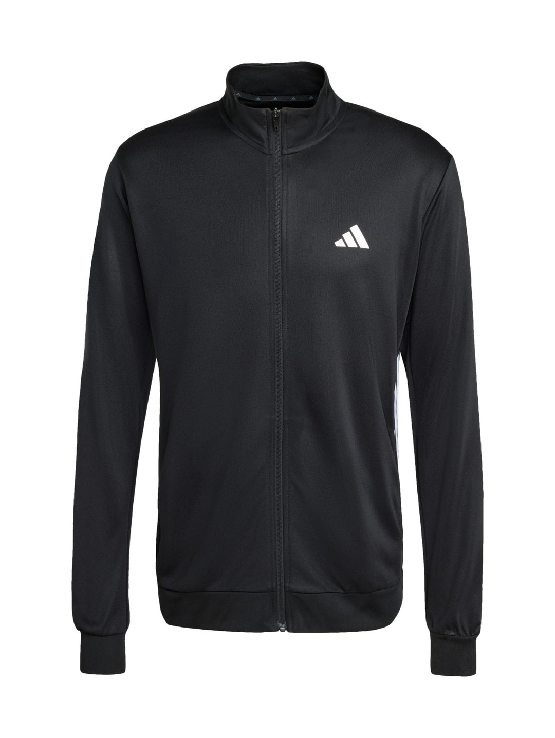 Hombre vistiendo chaqueta deportiva Adidas color negro con detalles blancos y cierre frontal completo.