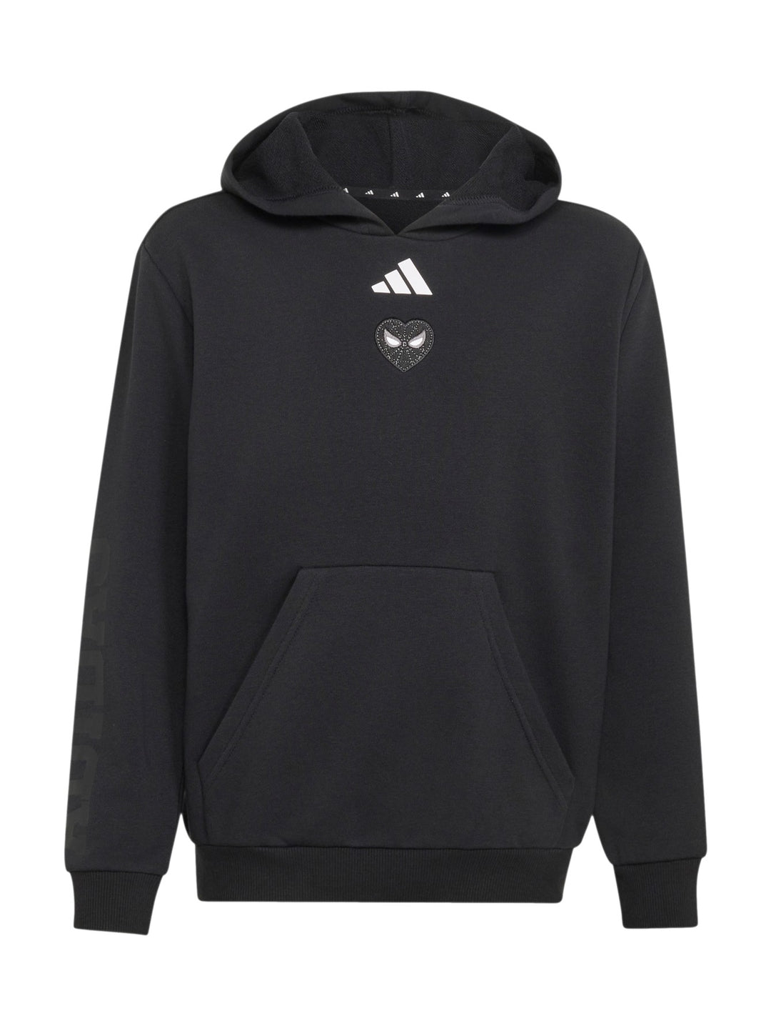 Niño vistiendo sudadera deportiva Adidas color negro con capucha y detalle de Spider-Man en el pecho.