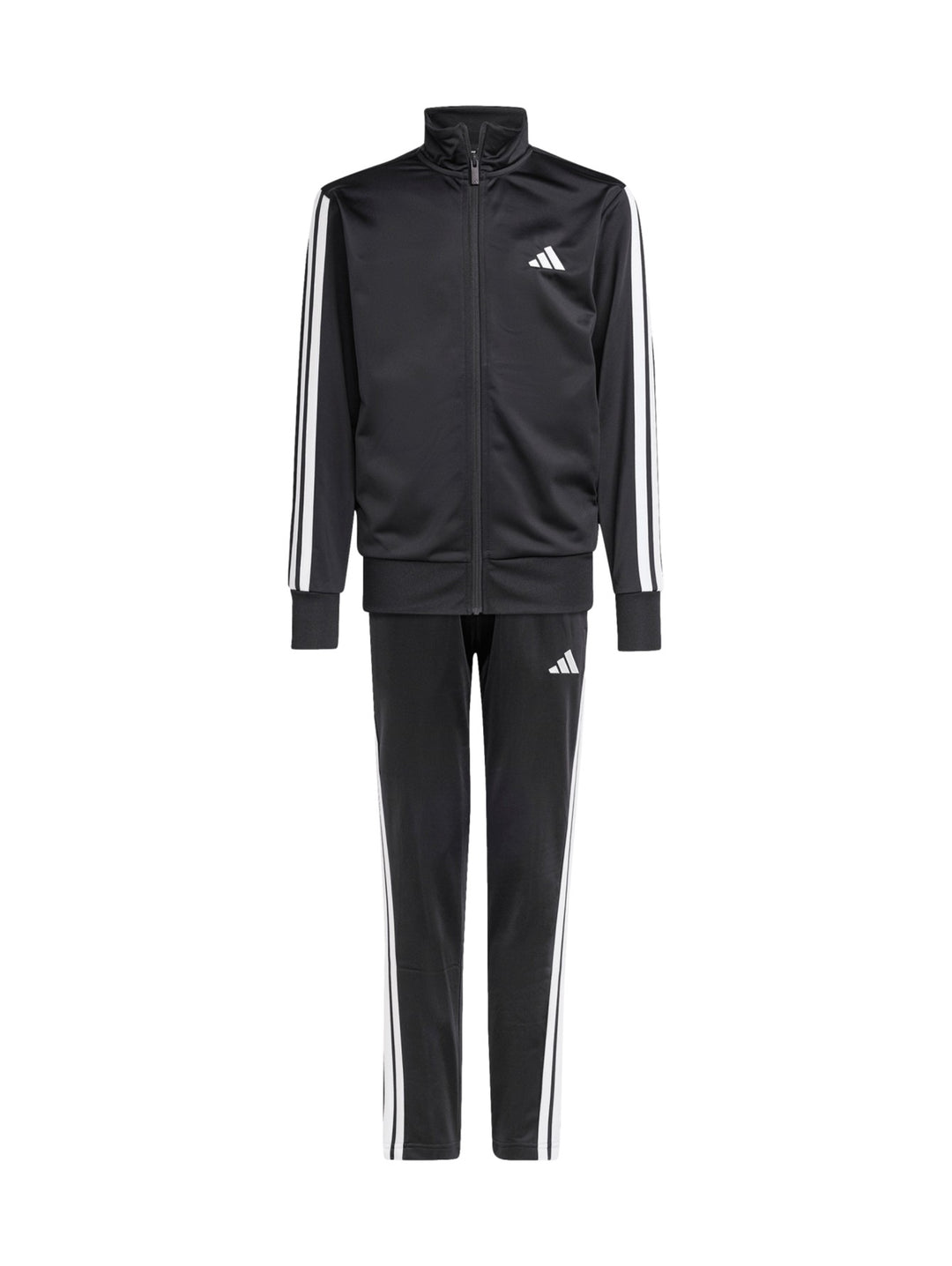 Conjunto deportivo Adidas negro con rayas blancas laterales para niño, incluye chaqueta y pantalón.