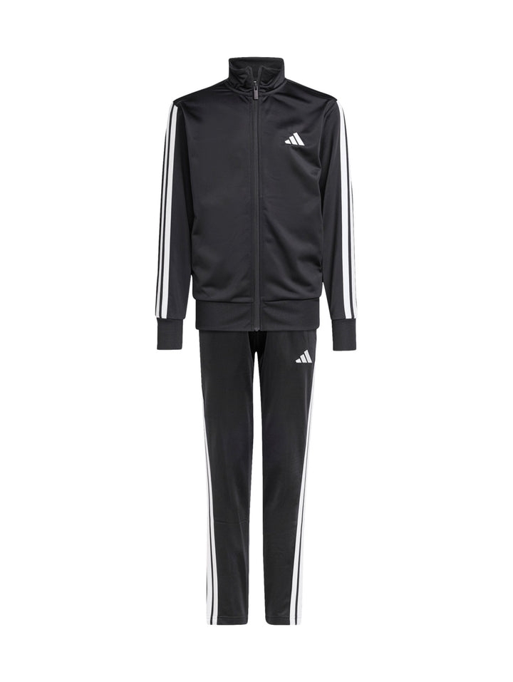 Conjunto deportivo Adidas negro con rayas blancas laterales para niño, incluye chaqueta y pantalón.