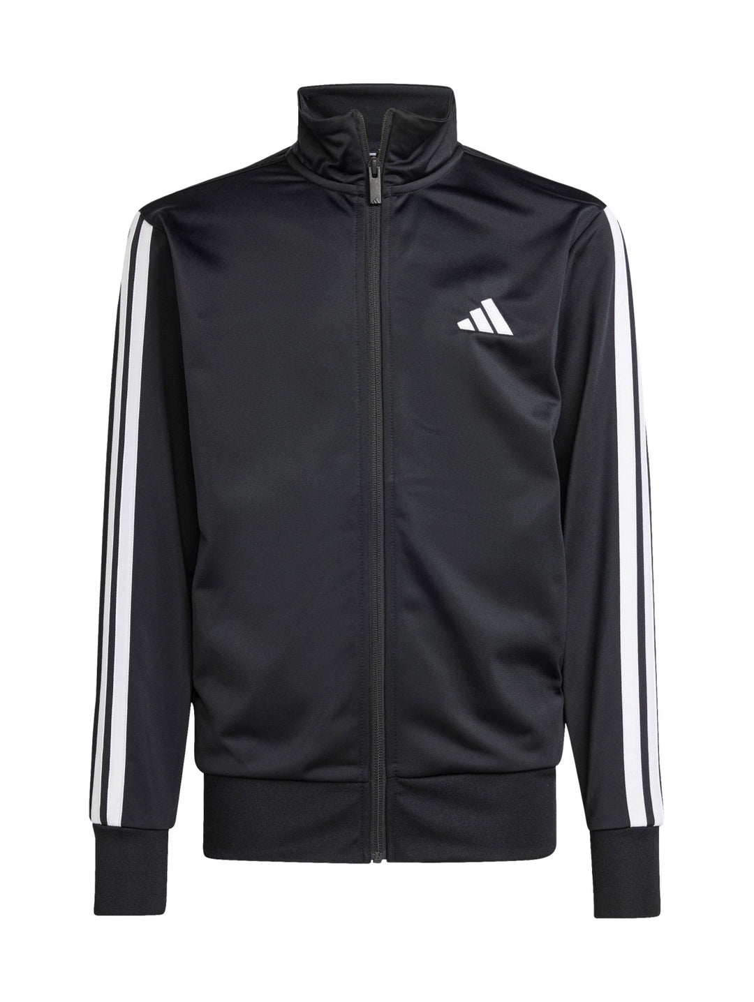Conjunto deportivo Adidas negro con rayas blancas laterales para niño, incluye chaqueta y pantalón.