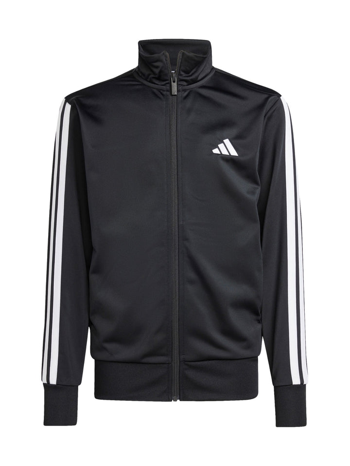 Conjunto deportivo Adidas negro con rayas blancas laterales para niño, incluye chaqueta y pantalón.