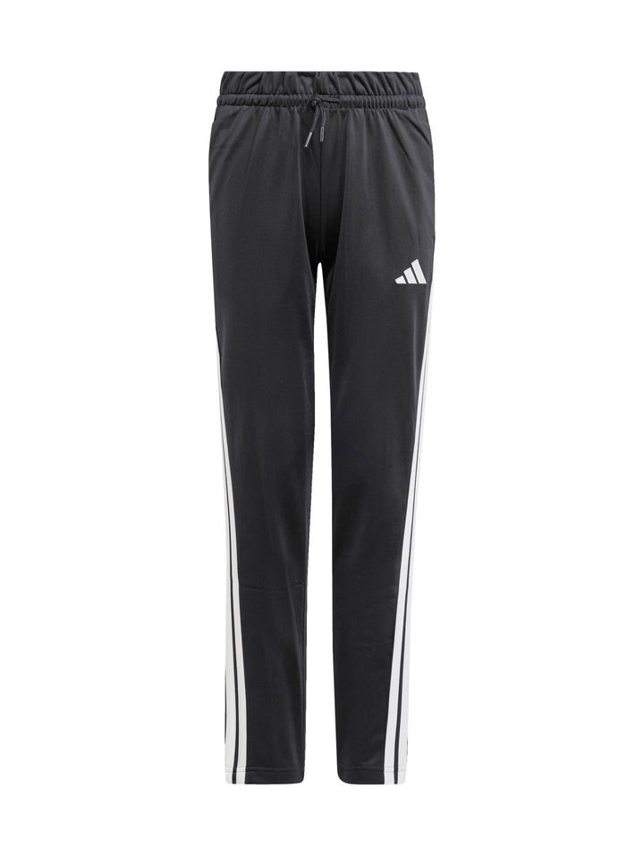 Conjunto deportivo Adidas negro con rayas blancas laterales para niño, incluye chaqueta y pantalón.