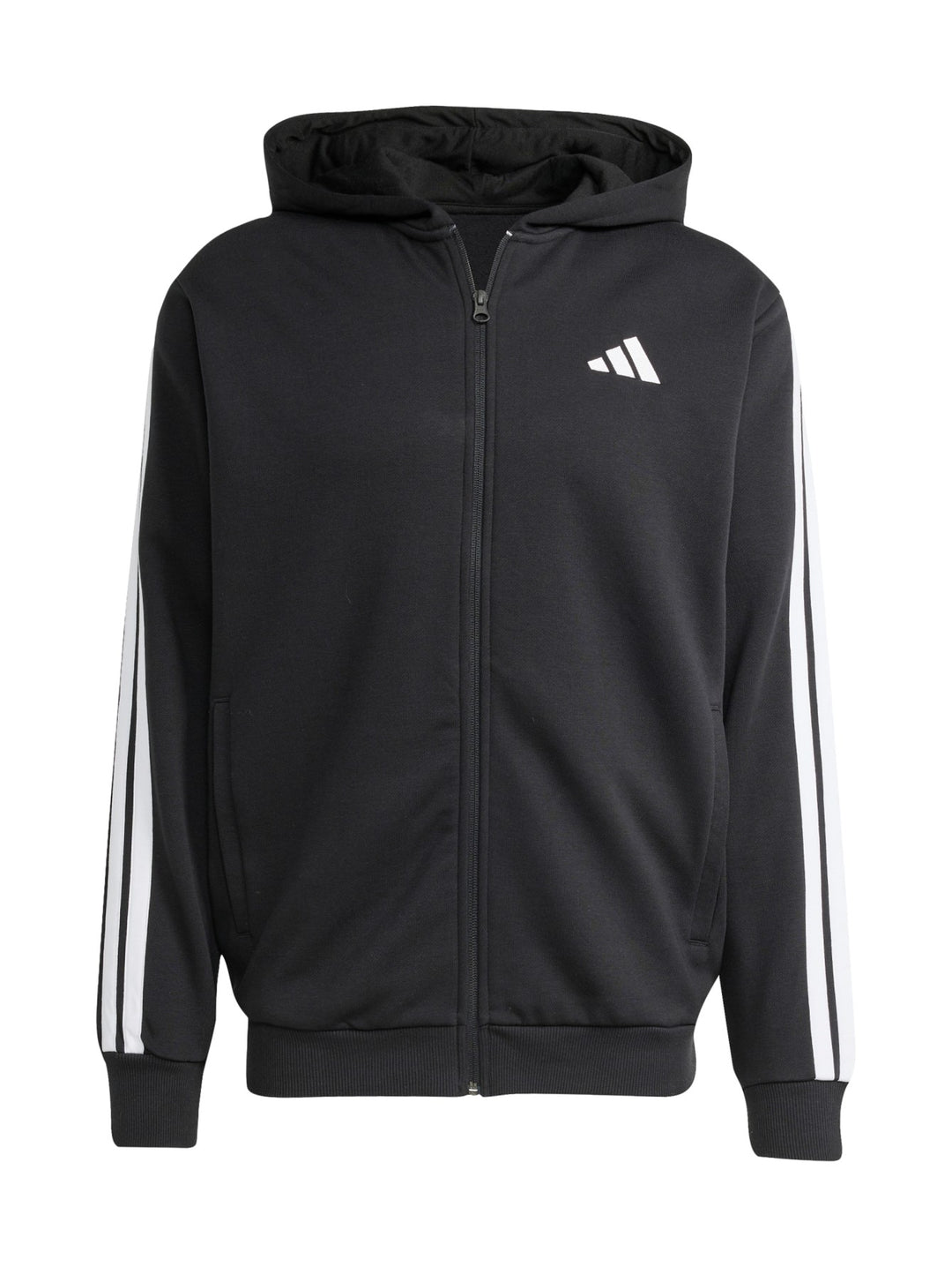 Hombre vistiendo conjunto deportivo Adidas negro con rayas blancas en las mangas y logotipo en el pecho.
